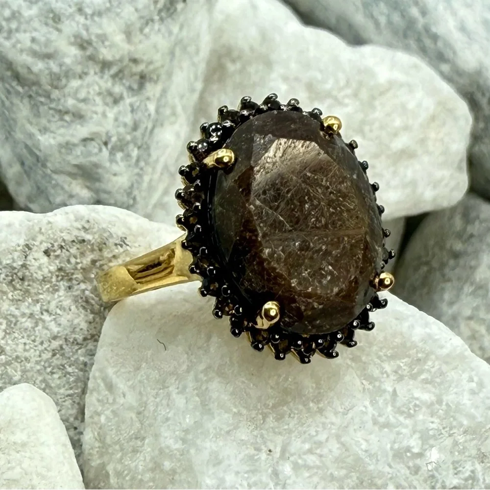 Zawadi Chocolate Sapphire & Smoky Quartz Sunburst Ring 13.30 ctw 18K Vermeil 925